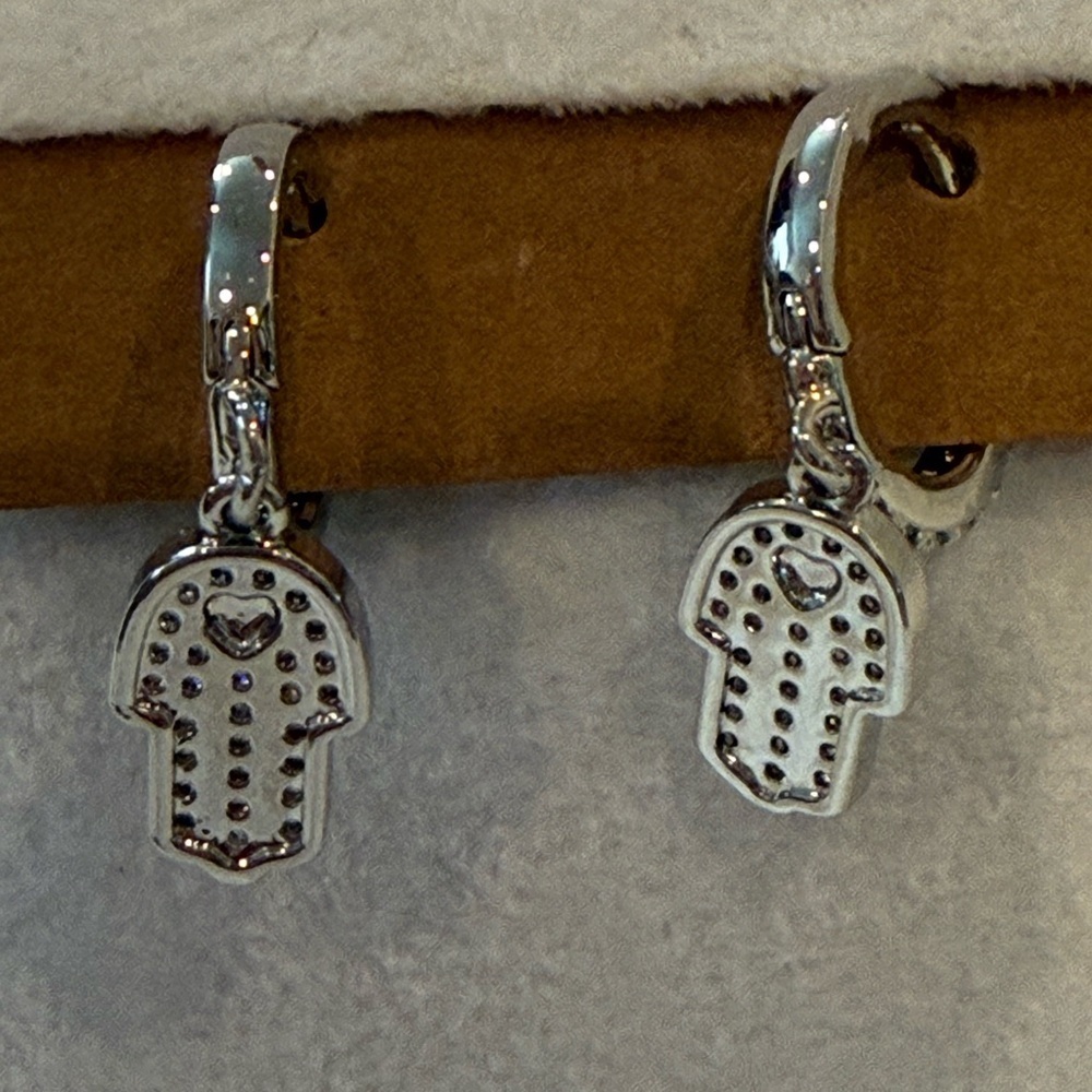 Stainless Steel CZ Hamsa Hoop Earrings Silver-Tone Dangle Protection Charms NWT - Picture 3 of 8